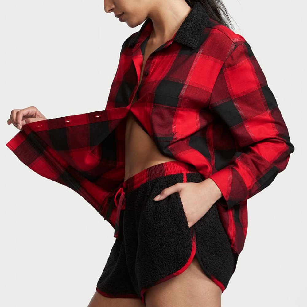 VS Flannel Shirt Cozy Fleece Short Set Lounge Sleep Adorable NWT Perfect Gift